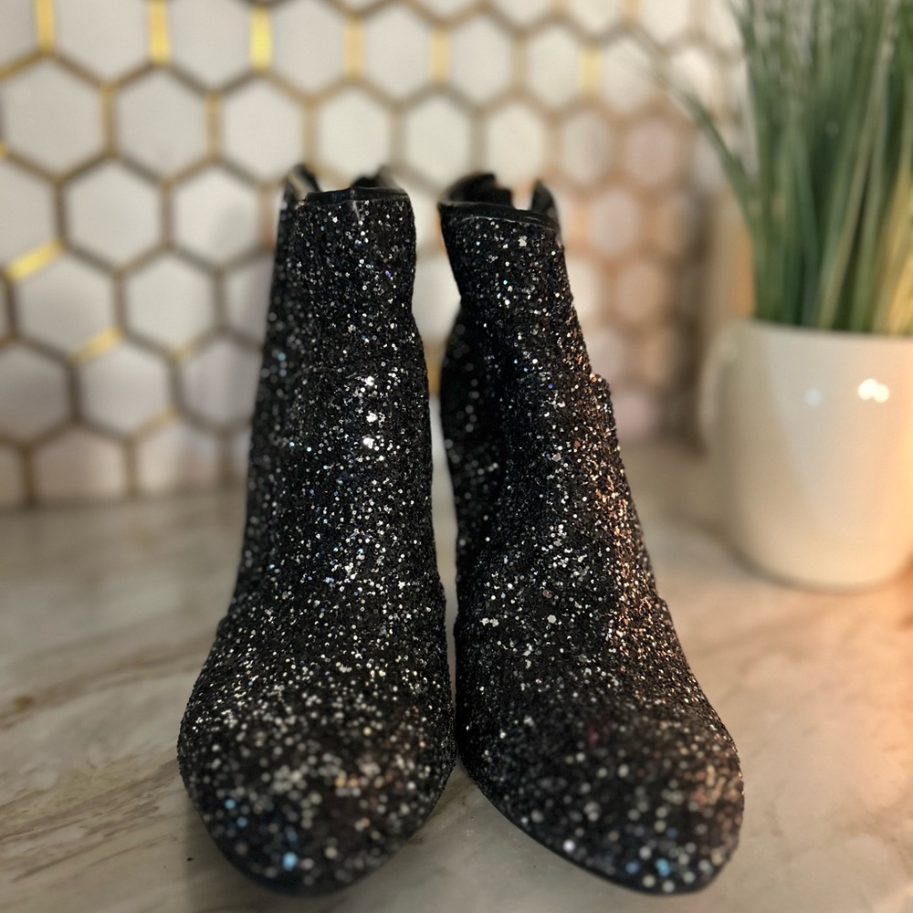 Black Glitter Chunky Heel Booties - Picture 2 of 10
